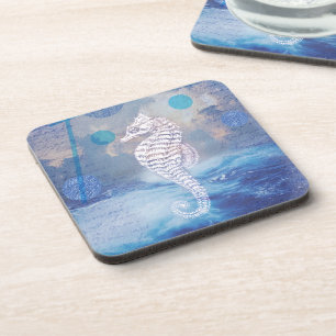Elegant Vintage Seahorse Blue Ocean Waves Coaster