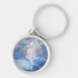 Elegant Vintage Seahorse Blue Ocean Waves Key Ring