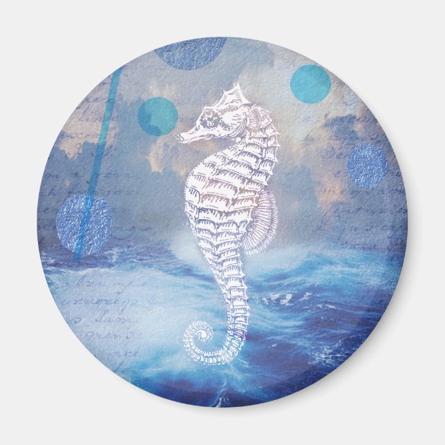 Elegant Vintage Seahorse Blue Ocean Waves Magnet (Front)