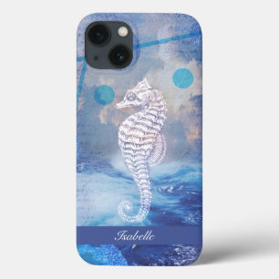 Elegant Vintage Seahorse Blue Ocean Waves Name iPhone 13 Case