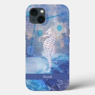 Elegant Vintage Seahorse Blue Ocean Waves Name iPhone 13 Case