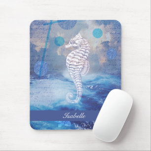 Elegant Vintage Seahorse Blue Ocean Waves Name Mouse Mat