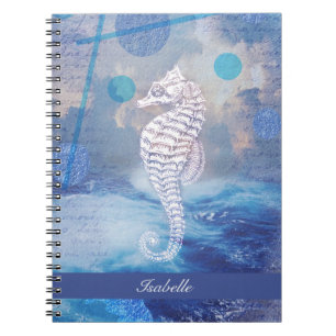 Elegant Vintage Seahorse Blue Ocean Waves Name Notebook