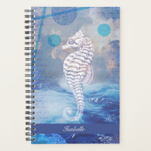 Elegant Vintage Seahorse Blue Ocean Waves Name Planner