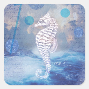 Elegant Vintage Seahorse Blue Ocean Waves Square Sticker