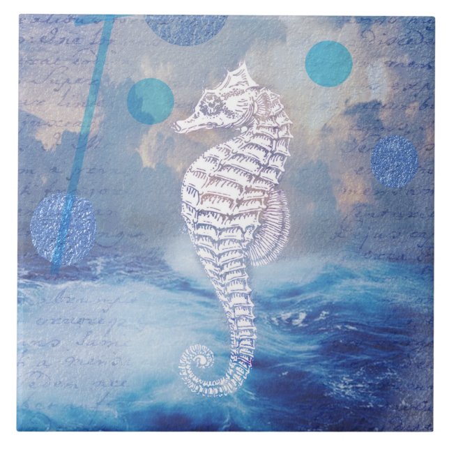 Elegant Vintage Seahorse Blue Ocean Waves Tile (Front)