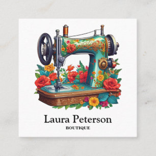 Elegant Vintage Sewing Machine Red Rose Flower Square Business Card