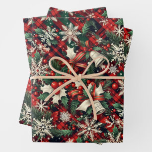 Elegant Vintage Snowflakes on Plaid Wrapping Paper Sheet
