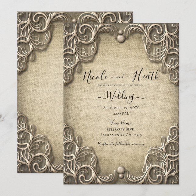 Elegant Vintage Southern Charm Burlap Lace Wedding Invitation (Front/Back)