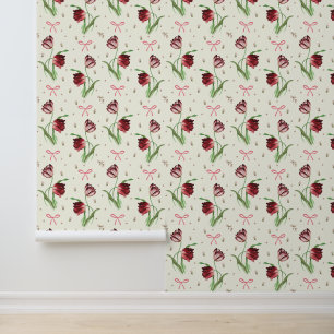 Elegant Vintage Spring Bows Tulips Floral Pattern Wallpaper