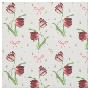 Elegant Vintage Spring Pink Bows Tulips Floral Fabric