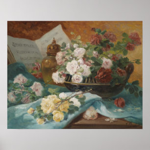 Elegant Vintage Still Life Roses Floral Painting Poster