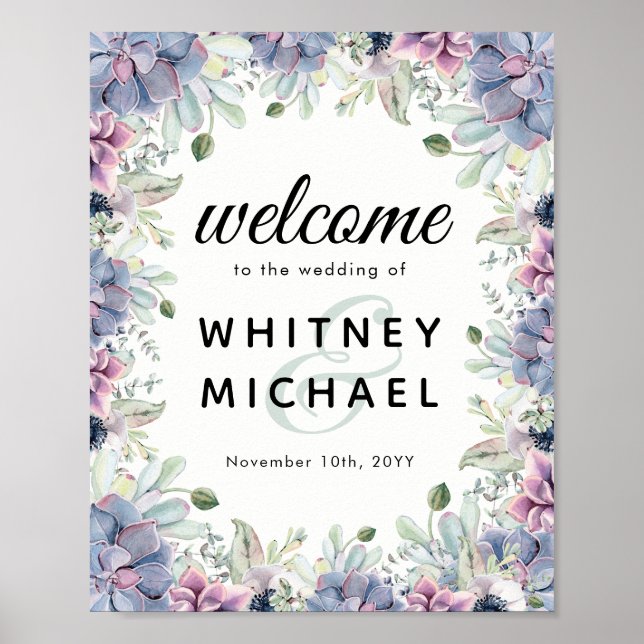 Elegant Vintage Succulent Floral Welcome Wedding Poster (Front)