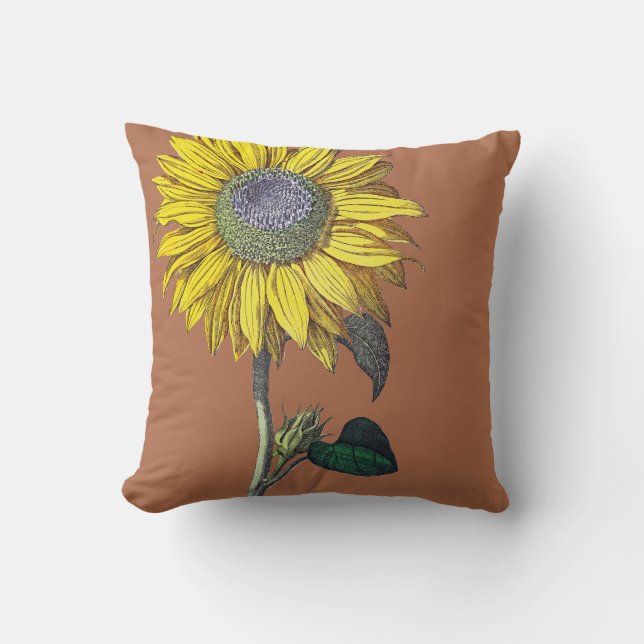 Elegant Vintage Sunflower Reversible Solid Brown Cushion (Front)