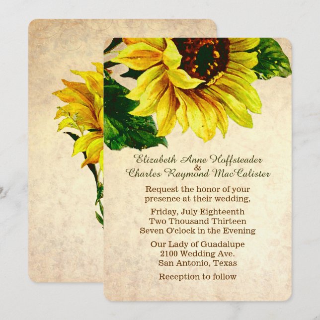Elegant Vintage Sunflower Wedding Invitation (Front/Back)