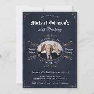 Elegant Vintage Swirls Birthday Navy Custom Photo Invitation