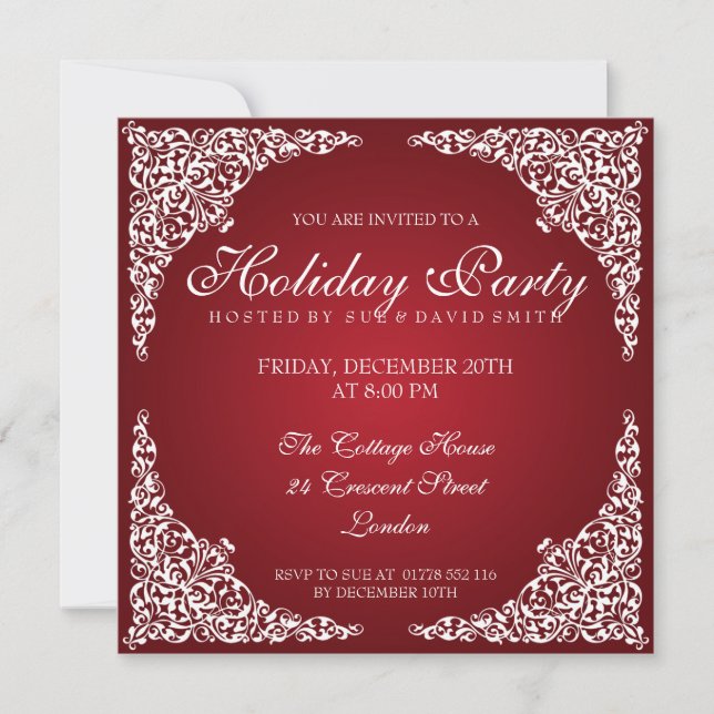 Elegant Vintage Swirls Holiday Party Red Invitation (Front)