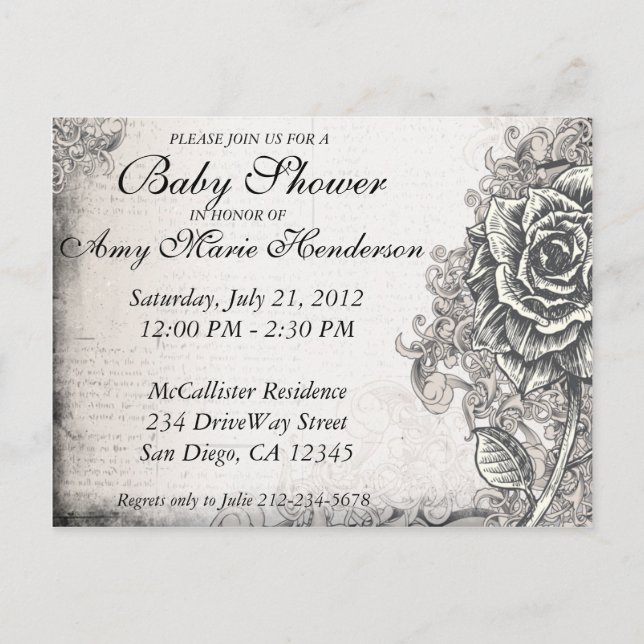 Elegant Vintage Tattoo Rose Baby Shower Postcard (Front)