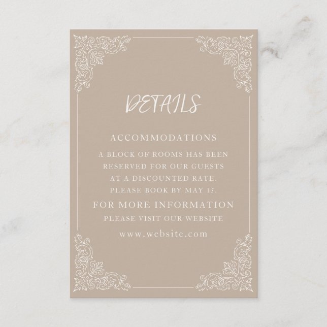 Elegant Vintage Taupe Cream Wedding Details Enclosure Card (Front)