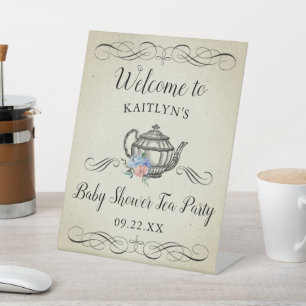 Elegant Vintage Tea Party Baby Shower Welcome Pedestal Sign