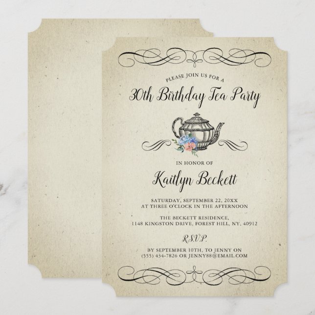 Elegant Vintage Tea Party | Birthday Party Invitation (Front/Back)