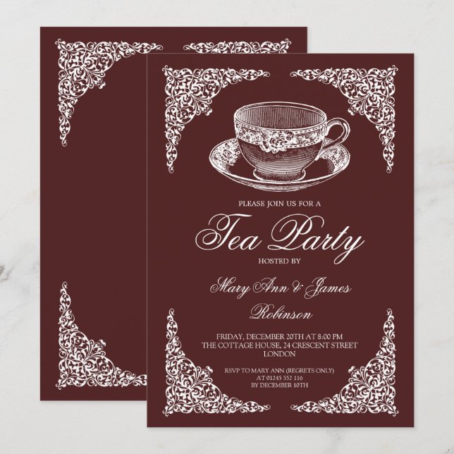 Elegant Vintage Tea Party Marsala Burgundy Invitation (Front/Back)