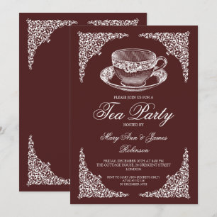 Elegant Vintage Tea Party Marsala Burgundy Invitation