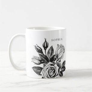 Elegant Vintage Tea Roses   Black and White Coffee Mug