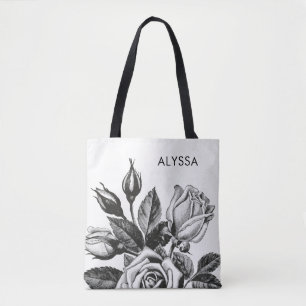 Elegant Vintage Tea Roses Black and White Tote Bag