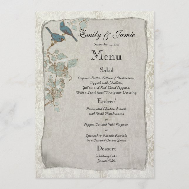 Elegant Vintage Teal Birds Damask Wedding Menu (Front)