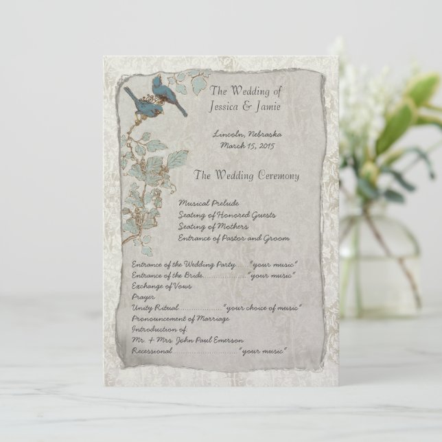 Elegant Vintage Teal Birds Damask Wedding Program Programme (Standing Front)