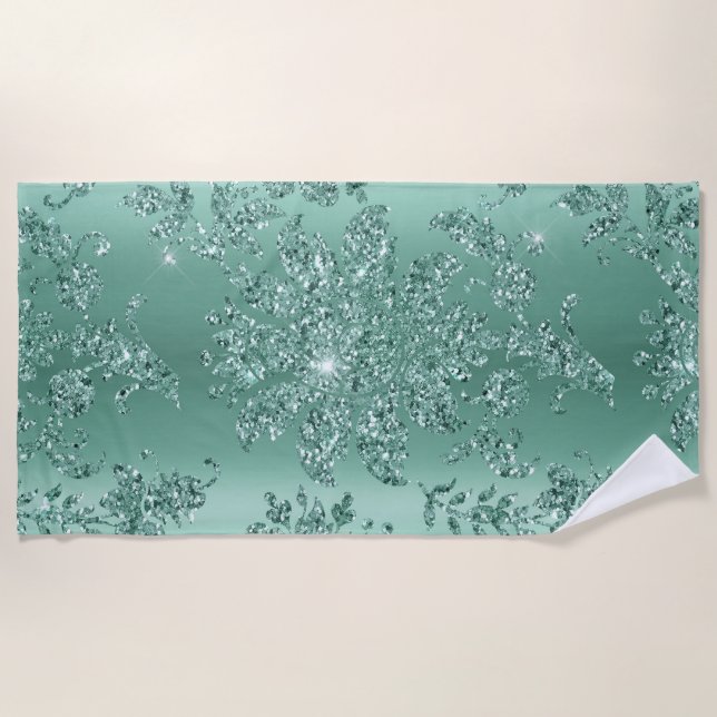 Elegant  Vintage Teal Silver Glitter Design Beach Towel (Front)