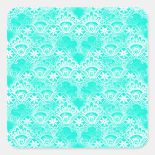 Elegant Vintage Teal Turquoise Lace Damask Pattern Square Sticker