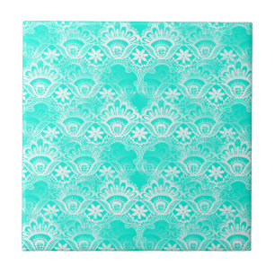 Elegant Vintage Teal Turquoise Lace Damask Pattern Tile