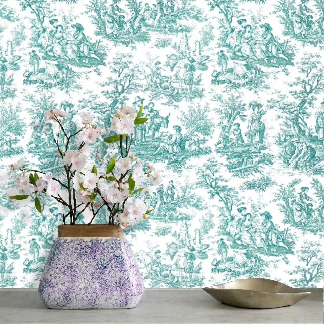 Elegant vintage teal turquoise toile de jouy wallpaper (Creator Uploaded)