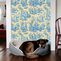 Elegant vintage teal yellow toile de jouy