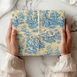 Elegant vintage teal yellow toile de jouy wrapping paper