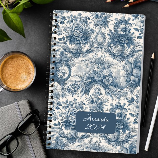 Elegant vintage toile de jouy blue monogram planner (Creator Uploaded)