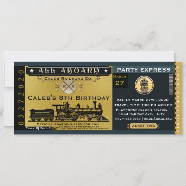 Elegant Vintage Travel Train Ticket Invitation (Front)