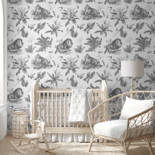 Elegant Vintage Tropical Animal Black White Toile Wallpaper