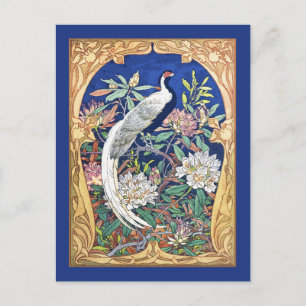 Elegant Vintage Tropical Bird and Flowers Blue Postcard