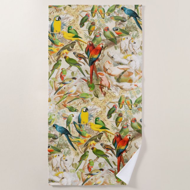 Elegant Vintage Tropical Birds Parrots Beach Towel (Front)