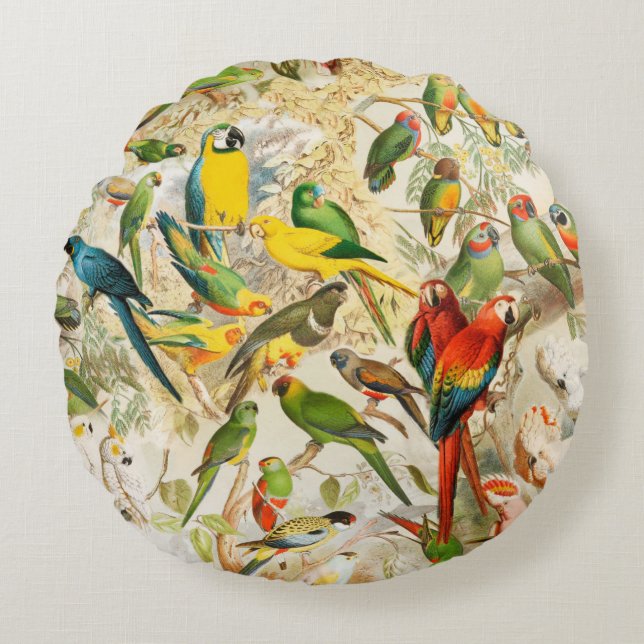 Elegant Vintage Tropical Birds Parrots Round Cushion (Front)