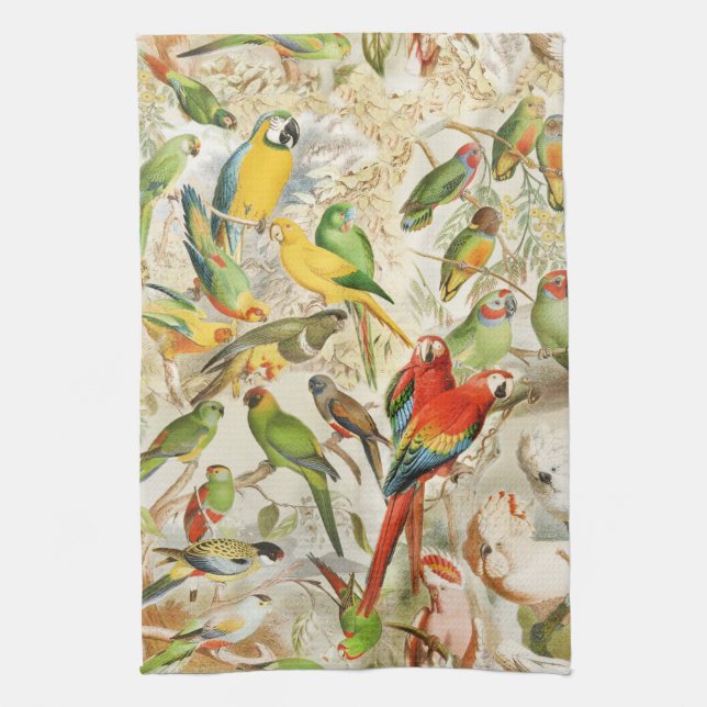Elegant Vintage Tropical Birds Parrots Tea Towel (Vertical)