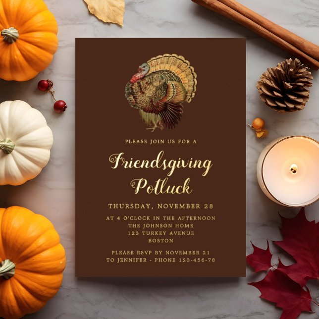 Elegant Vintage Turkey Friendsgiving Potluck Gold (Elegant Vintage Turkey Friendsgiving Potluck Gold Foil Invitation)