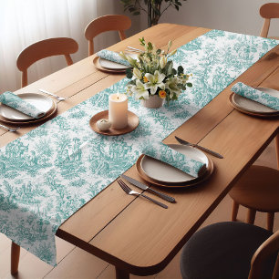 Elegant vintage turquoise toile d jouy printed short table runner