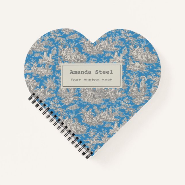 Elegant vintage turquoise toile de jouy heart notebook (Front)