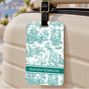 Elegant vintage turquoise toile de jouy luggage tag