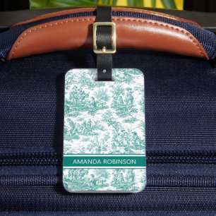 Elegant vintage turquoise toile de jouy luggage tag