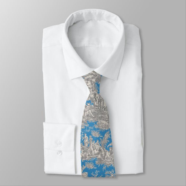 Elegant vintage turquoise toile de jouy printed tie (Tied)